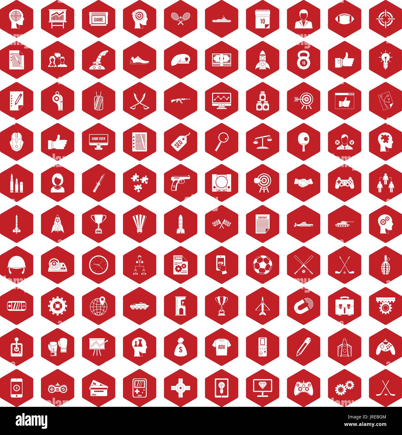 100 strategy icons hexagon red Stock Vector