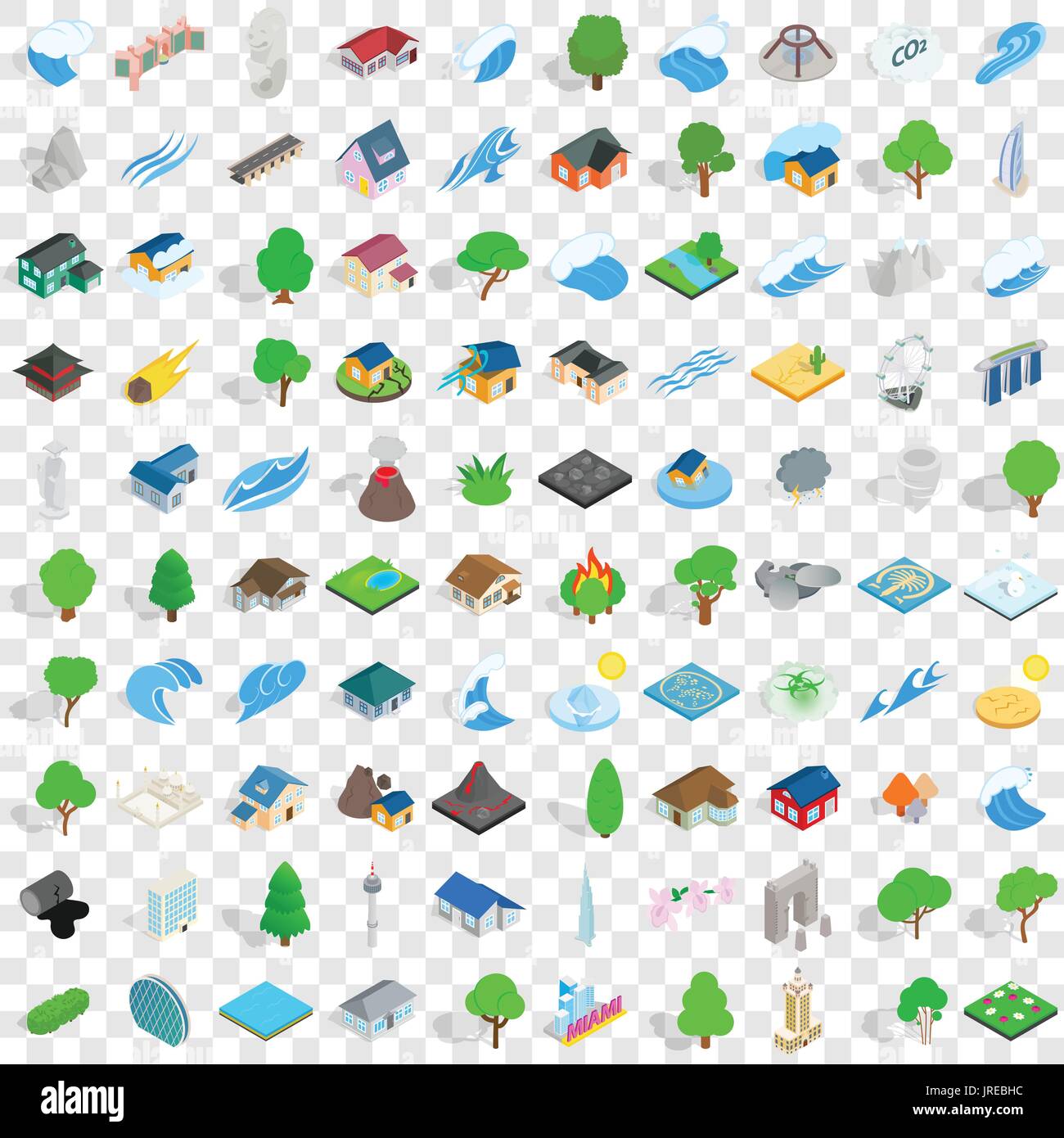 100 landscape element icons set, isometric style Stock Vector