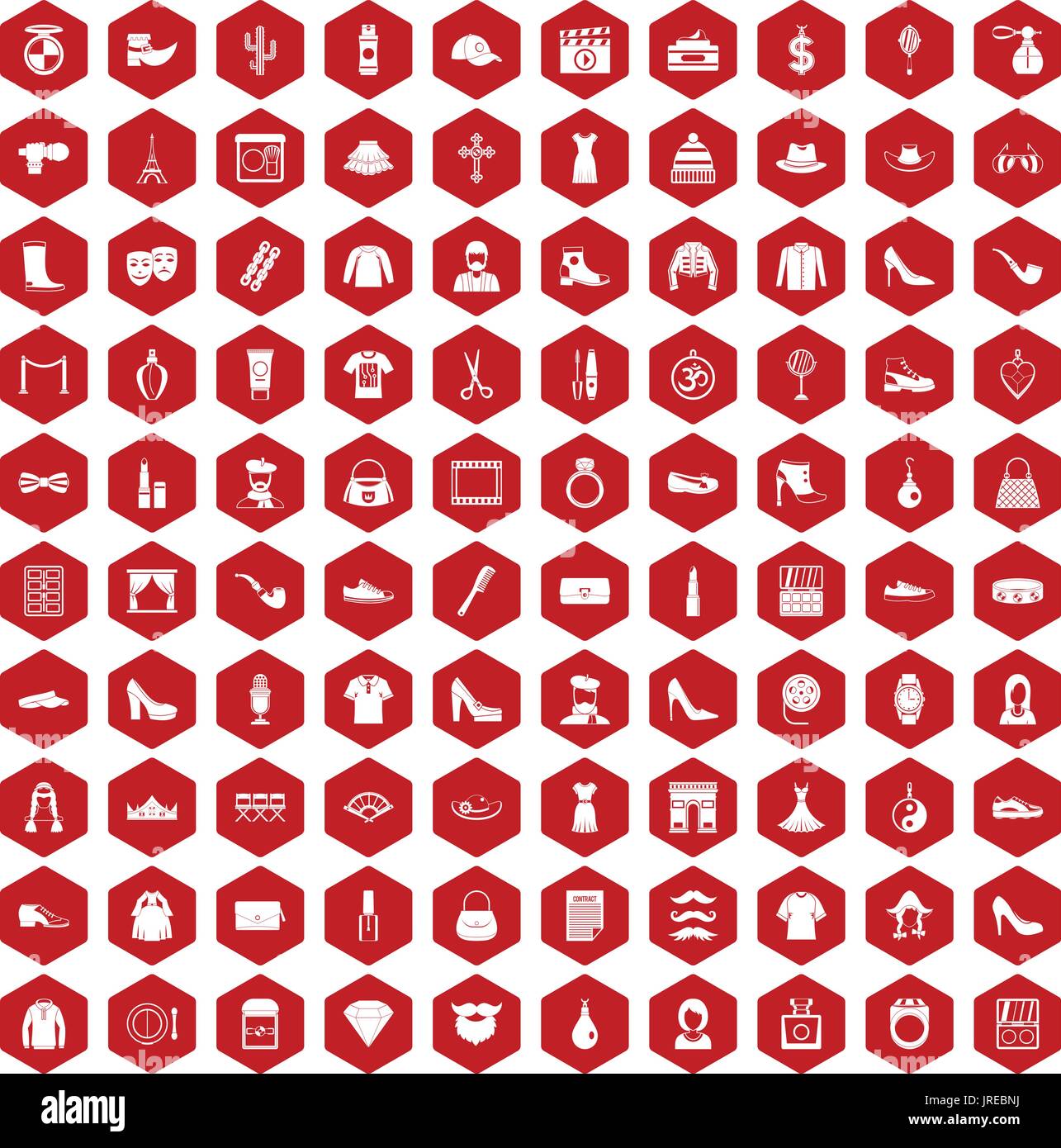 100 stylist icons hexagon red Stock Vector
