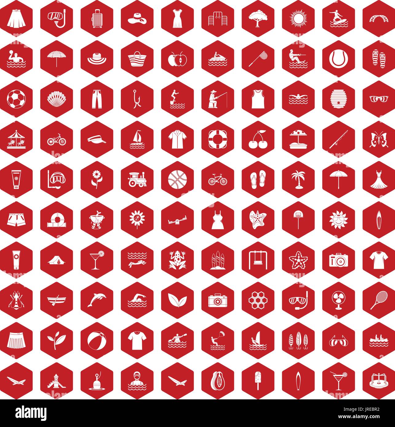 100 summer icons hexagon red Stock Vector