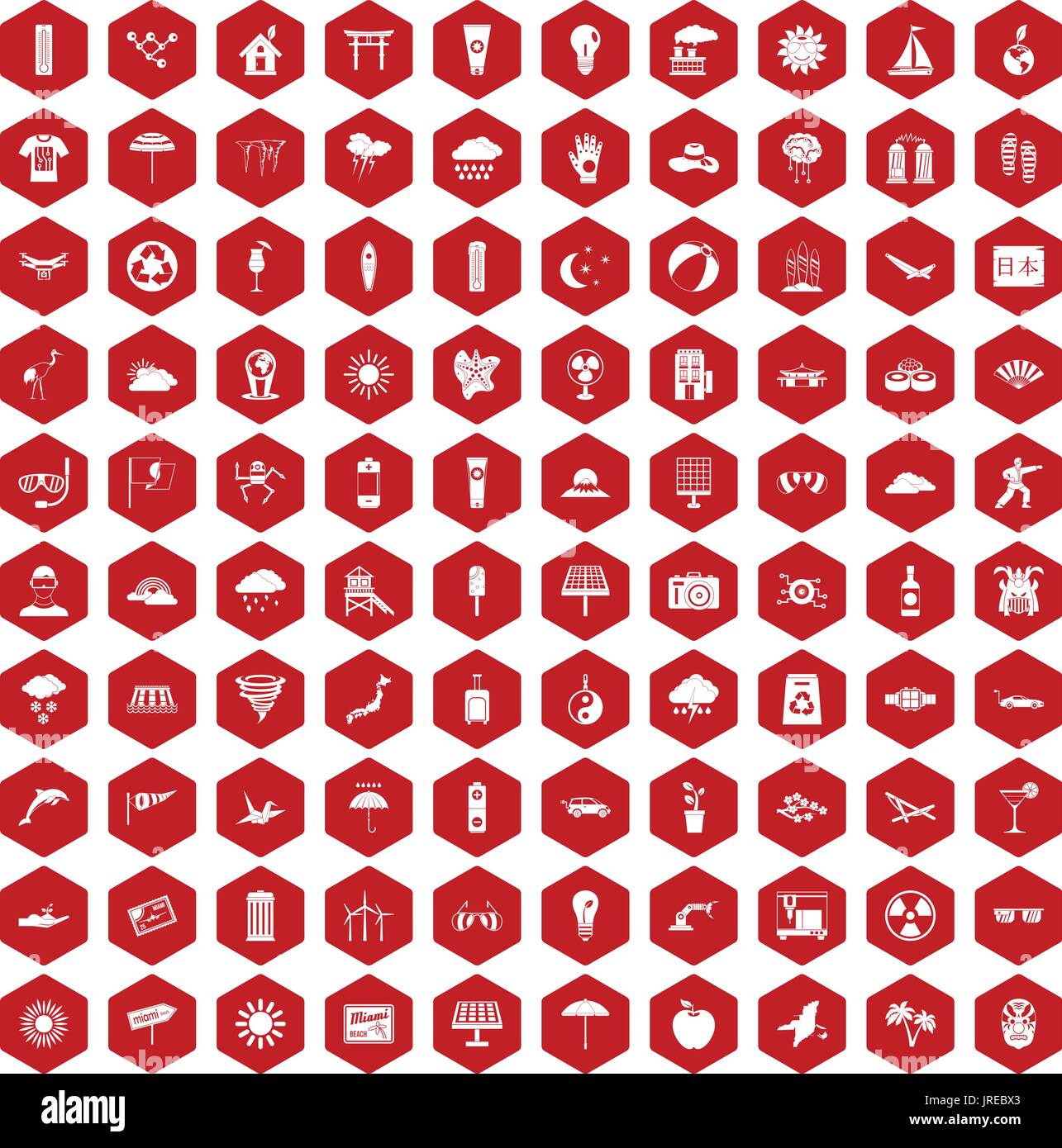 100 sun icons hexagon red Stock Vector