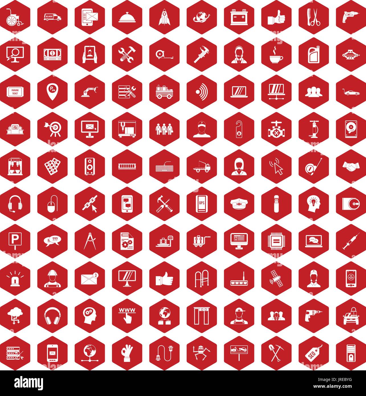 100 support icons hexagon red Stock Vector