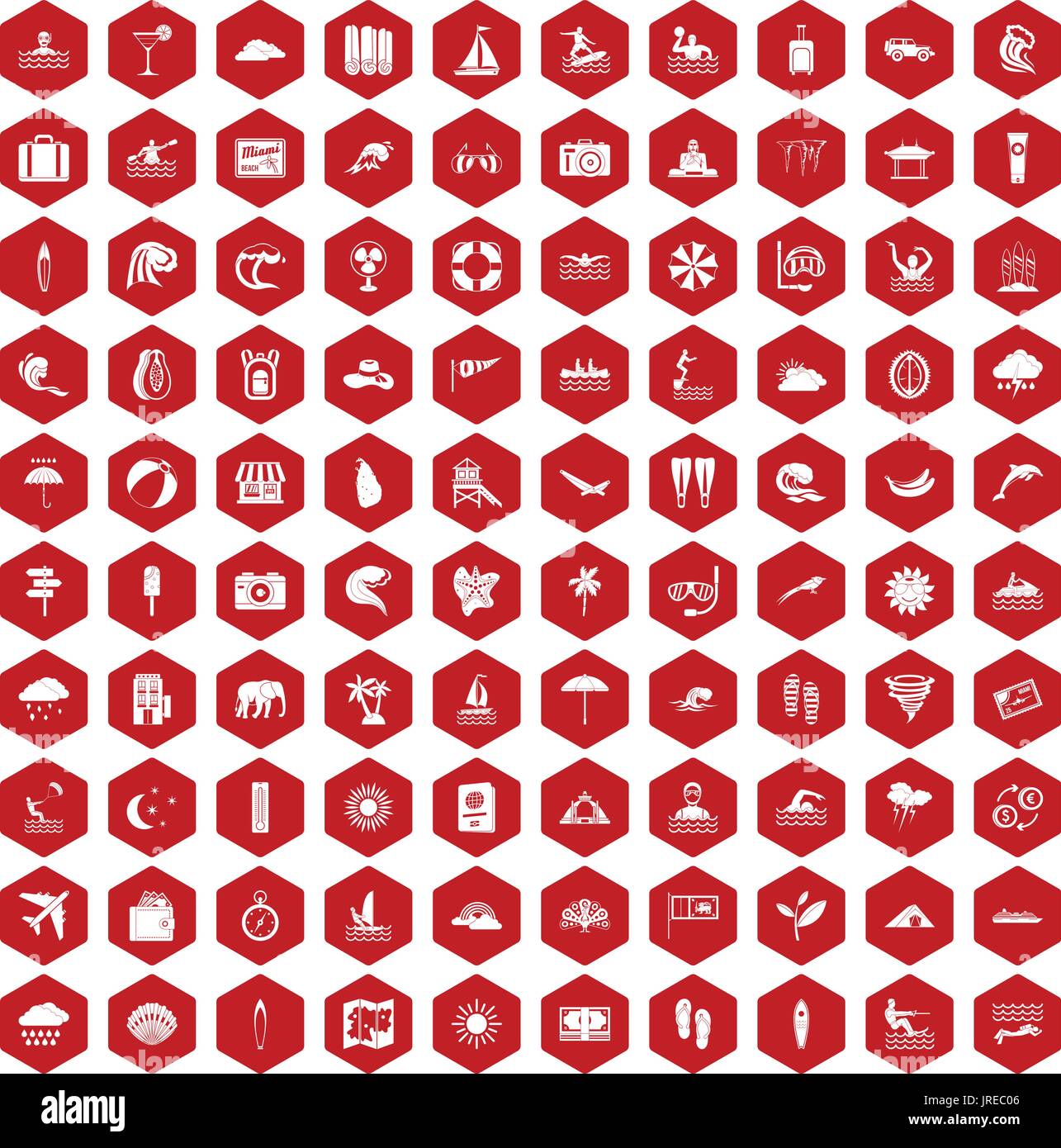 100 surfing icons hexagon red Stock Vector