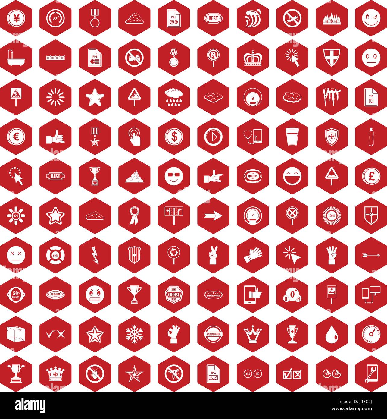 100 symbol icons hexagon red Stock Vector