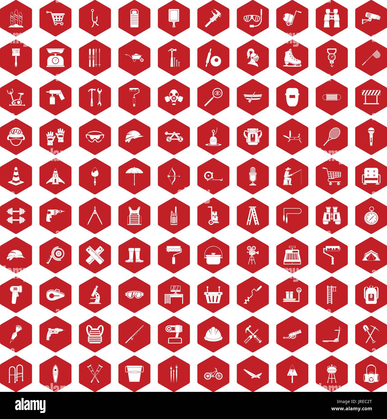 100 tackle icons hexagon red Stock Vector