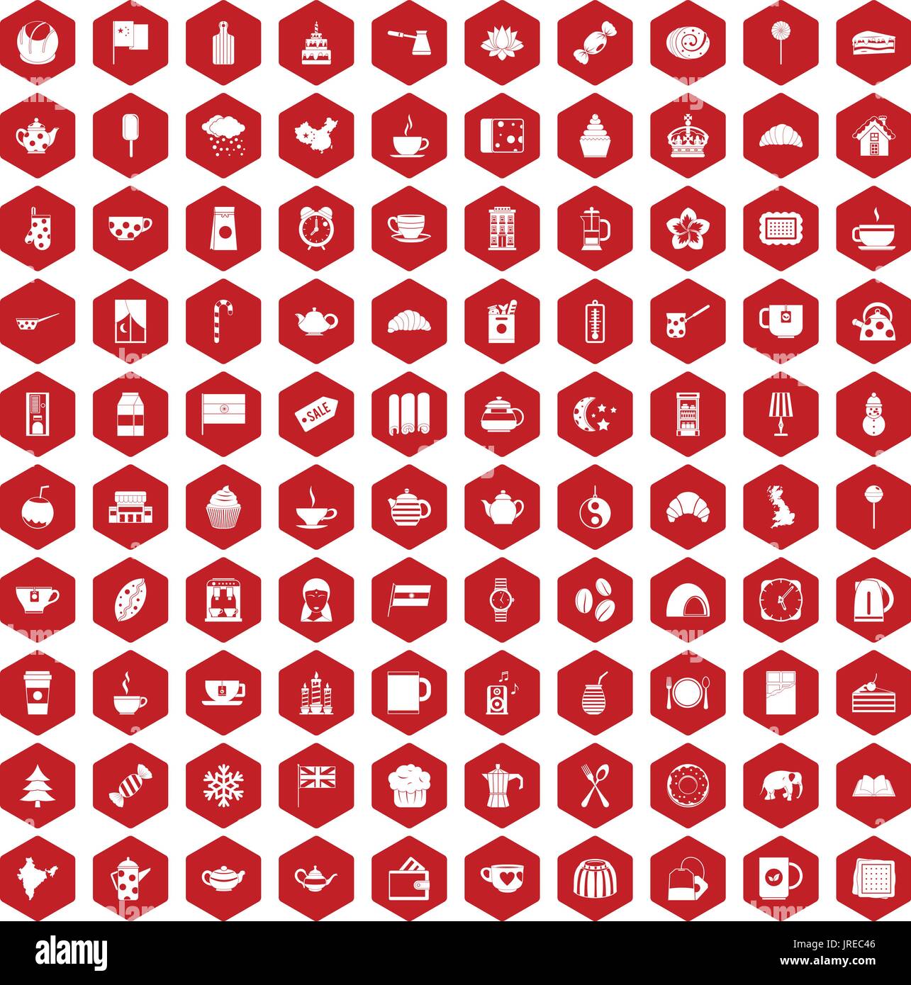 100 tea cup icons hexagon red Stock Vector