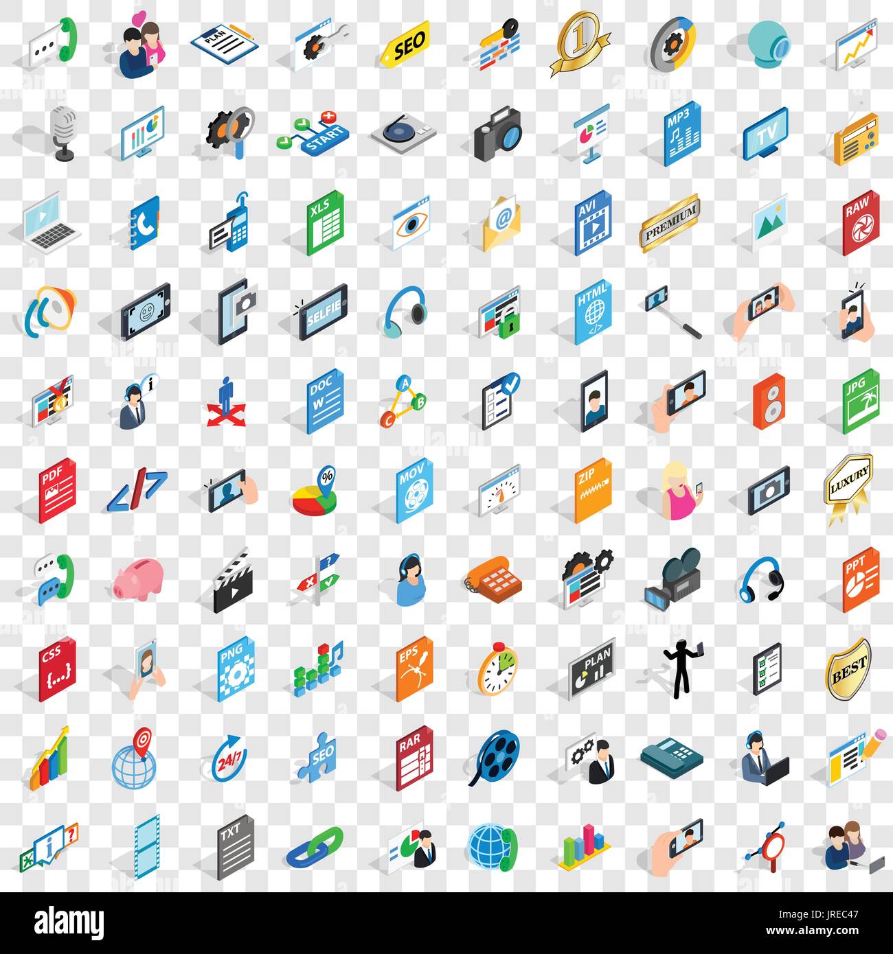 100 media icons set, isometric 3d style Stock Vector