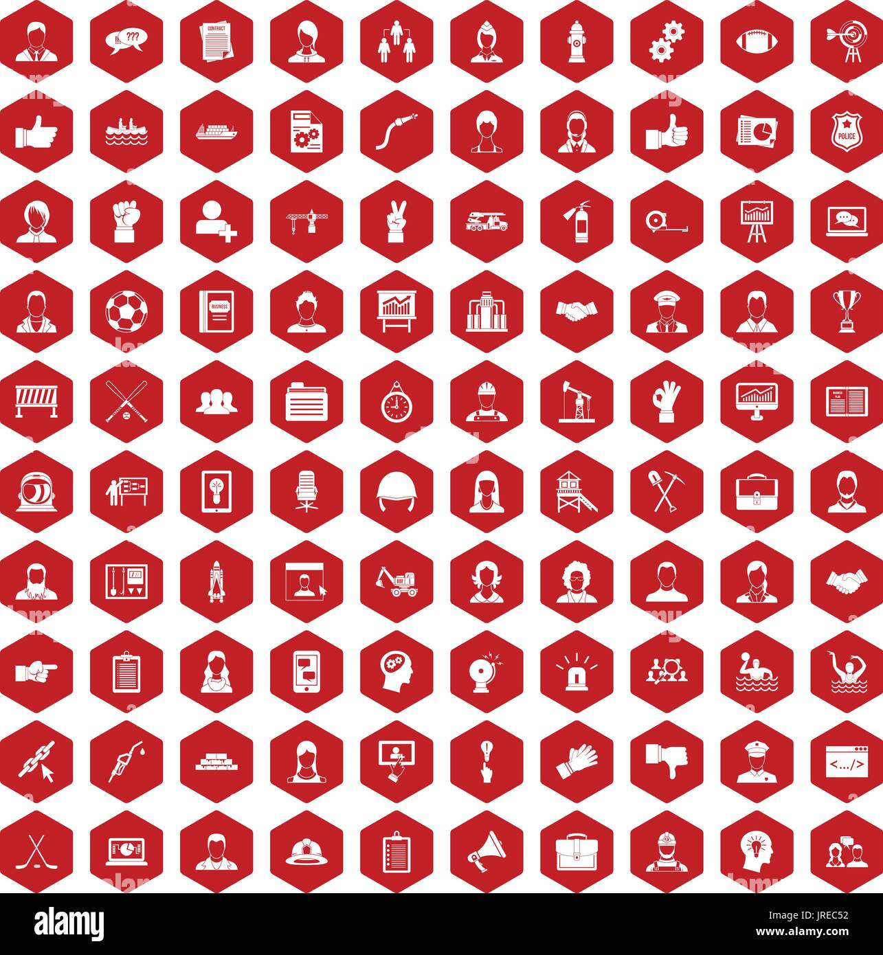 100 team work icons hexagon red Stock Vector