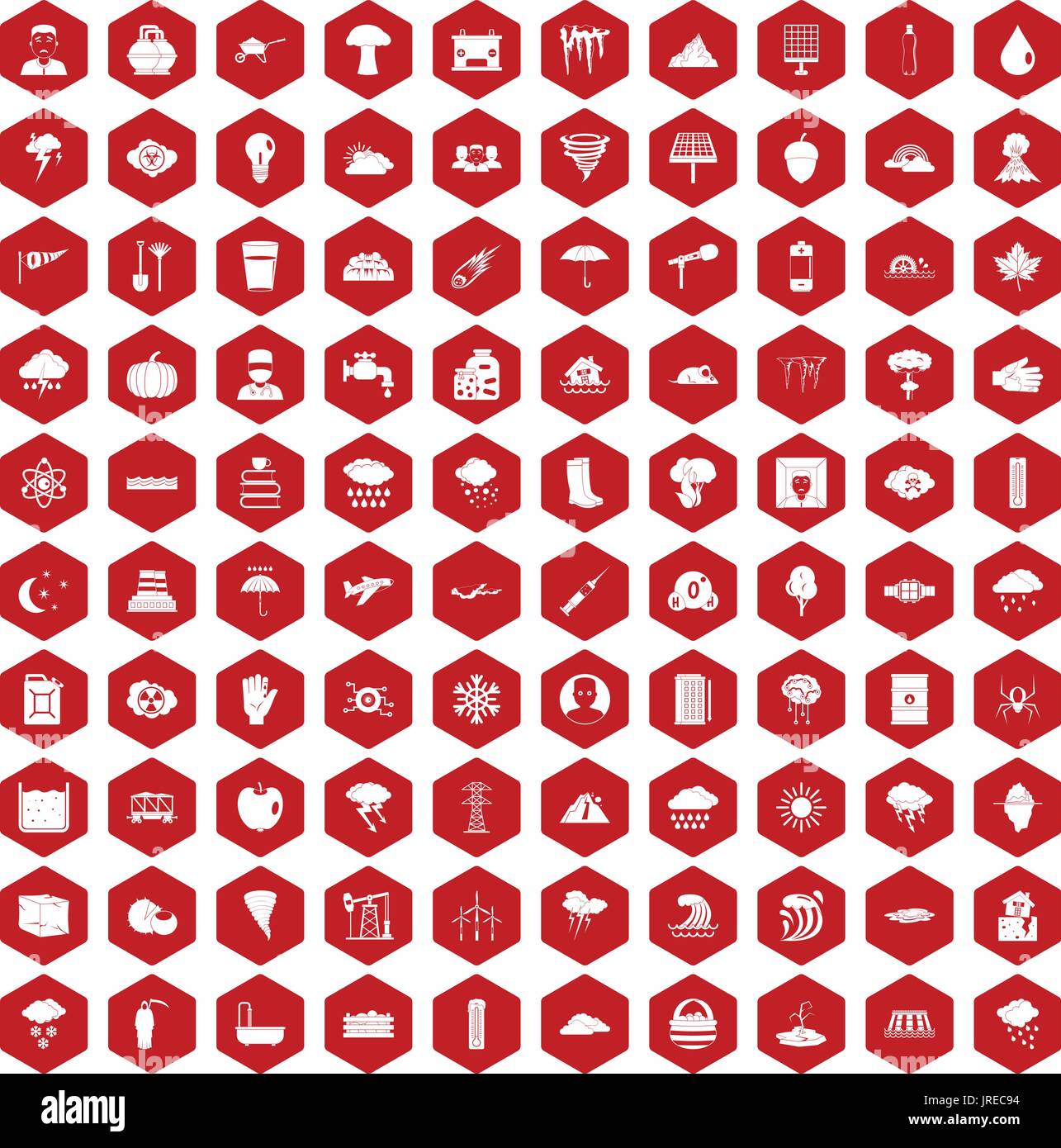 100 thunderstorm icons hexagon red Stock Vector