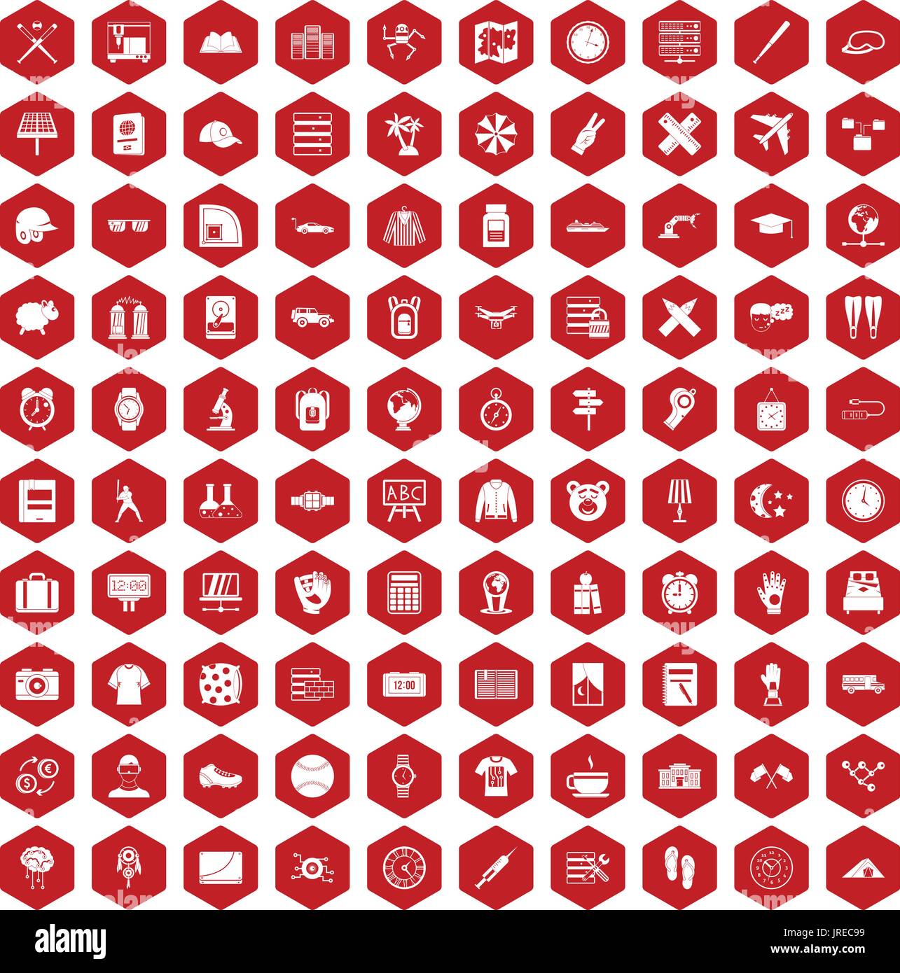 100 time icons hexagon red Stock Vector