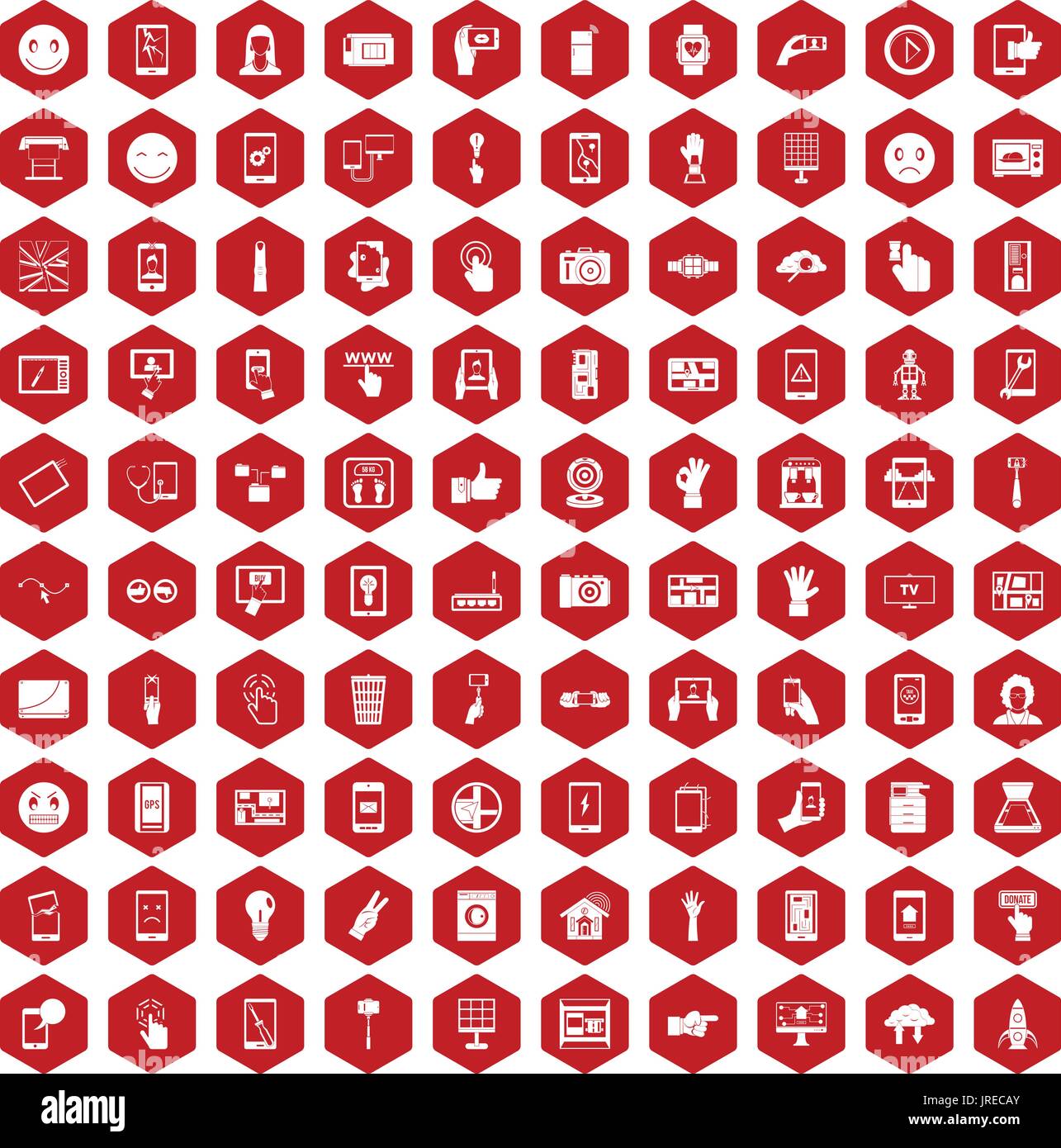 100 touch screen icons hexagon red Stock Vector