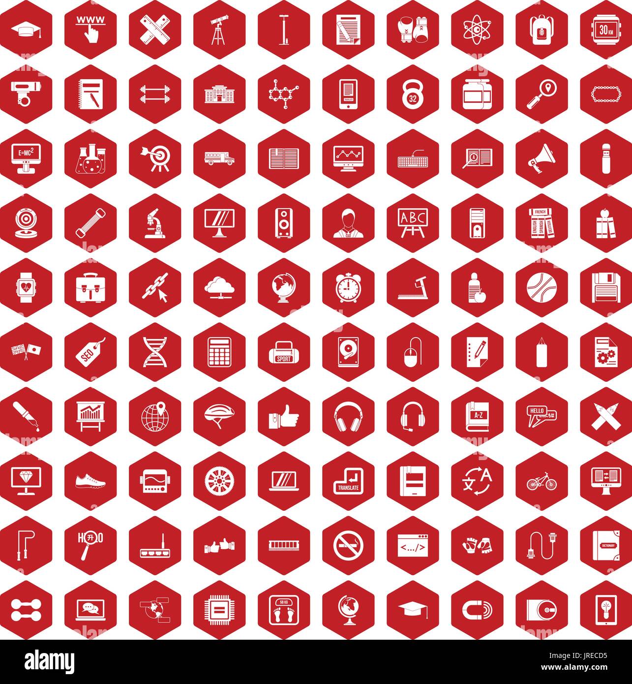 100 training icons hexagon red Stock Vector