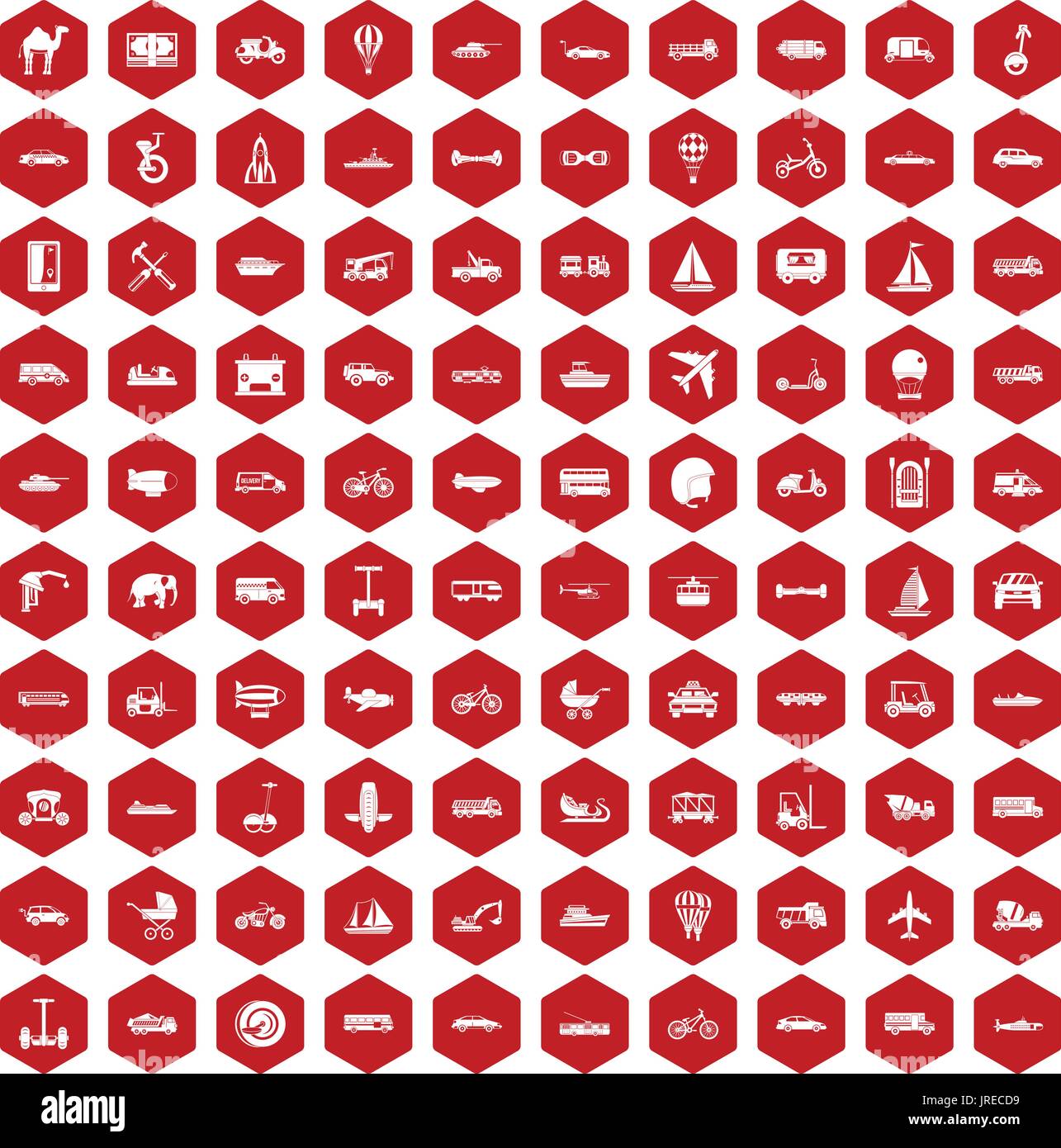 100 transport icons hexagon red Stock Vector