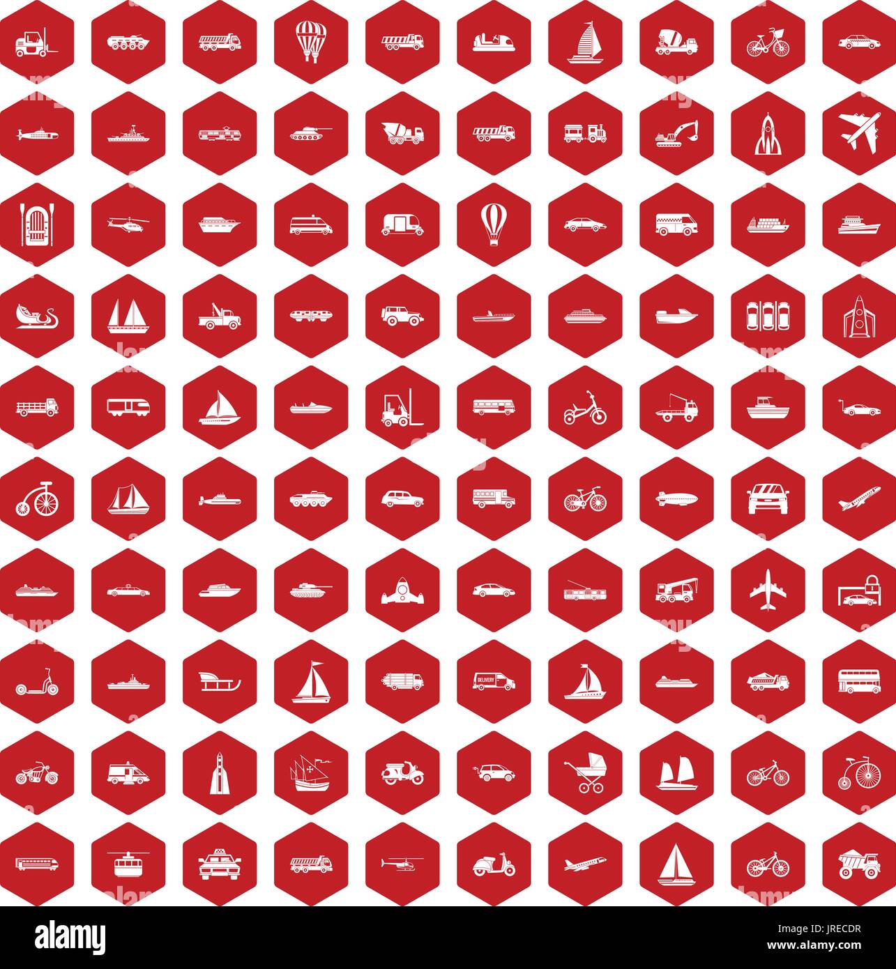 100 transportation icons hexagon red Stock Vector