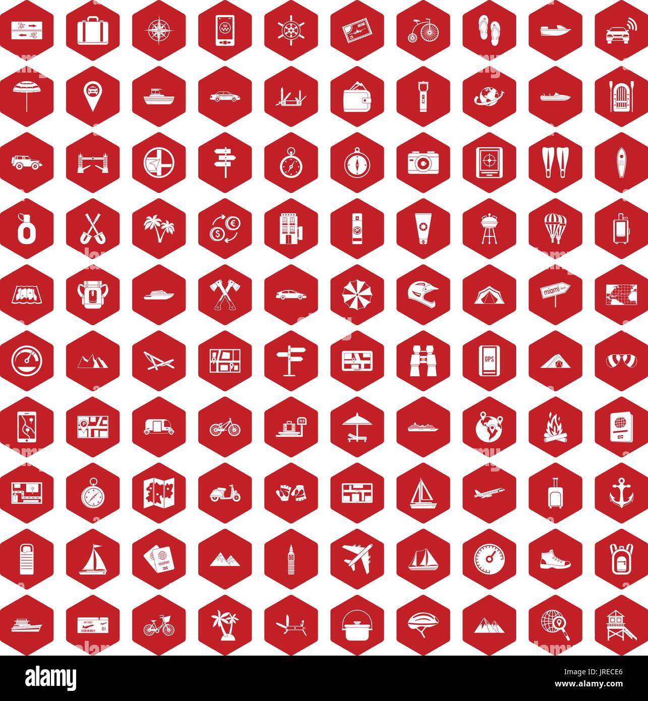 100 travel icons hexagon red Stock Vector
