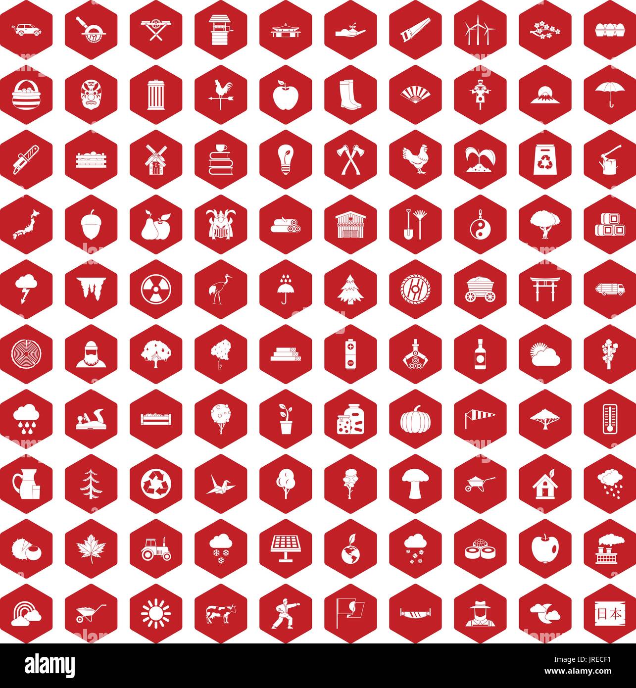 100 tree icons hexagon red Stock Vector