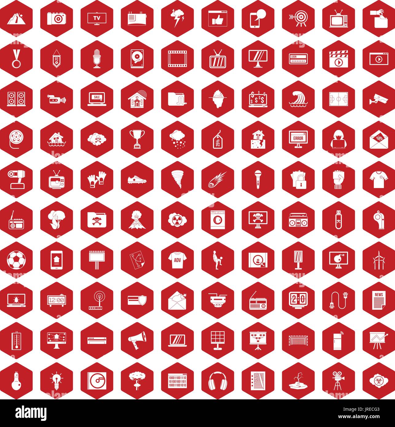 100 TV icons hexagon red Stock Vector