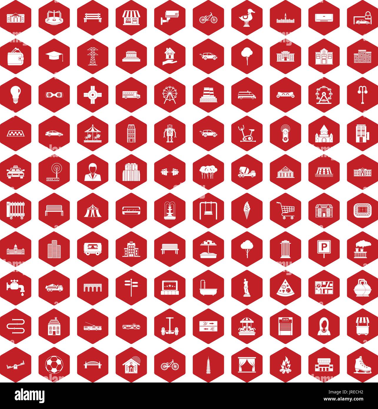 100 urban icons hexagon red Stock Vector