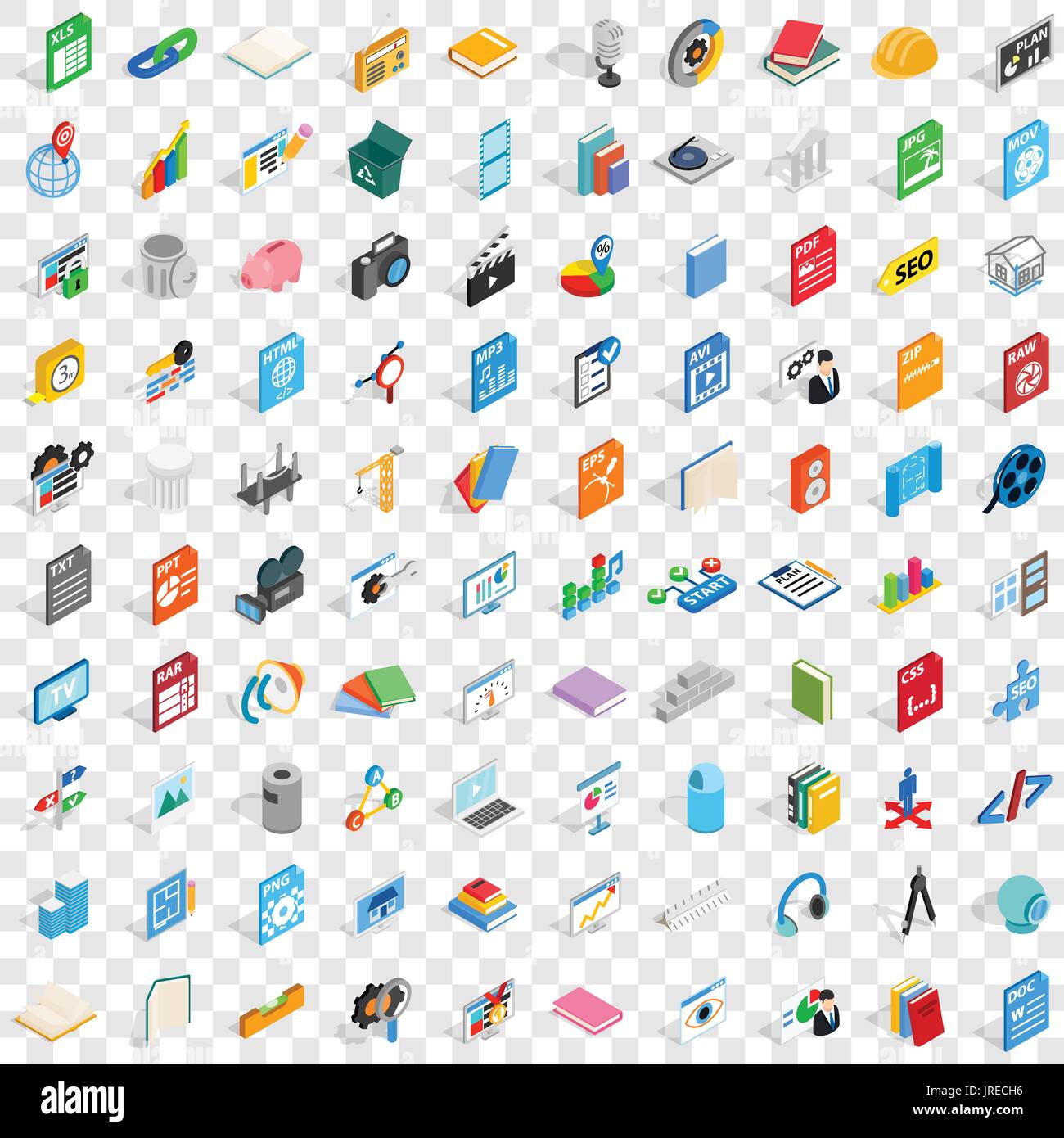 100 office document icons set, isometric 3d style Stock Vector