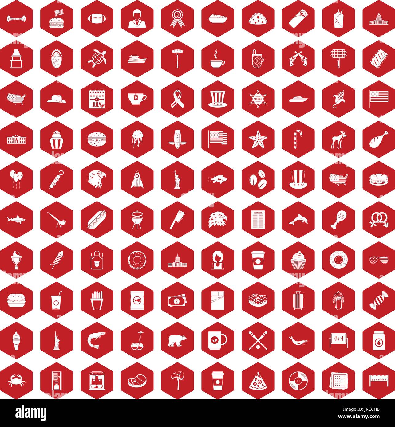 100 USA icons hexagon red Stock Vector