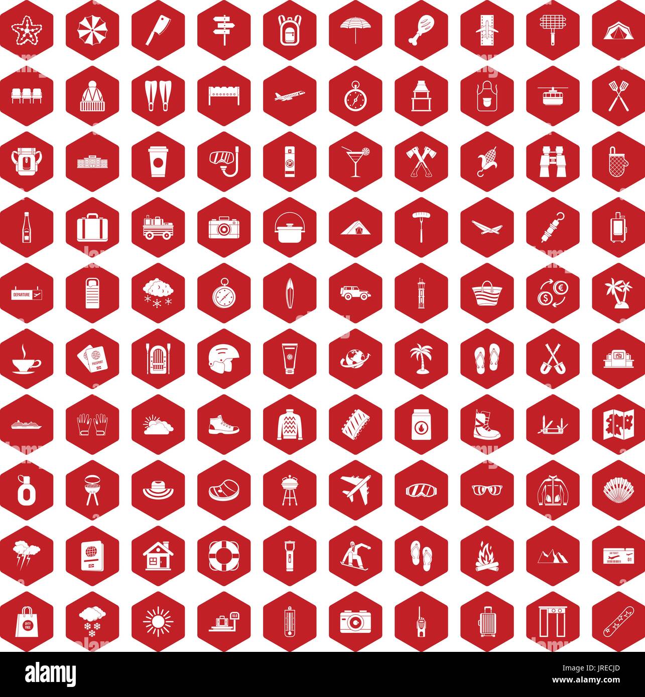 100 vacation icons hexagon red Stock Vector