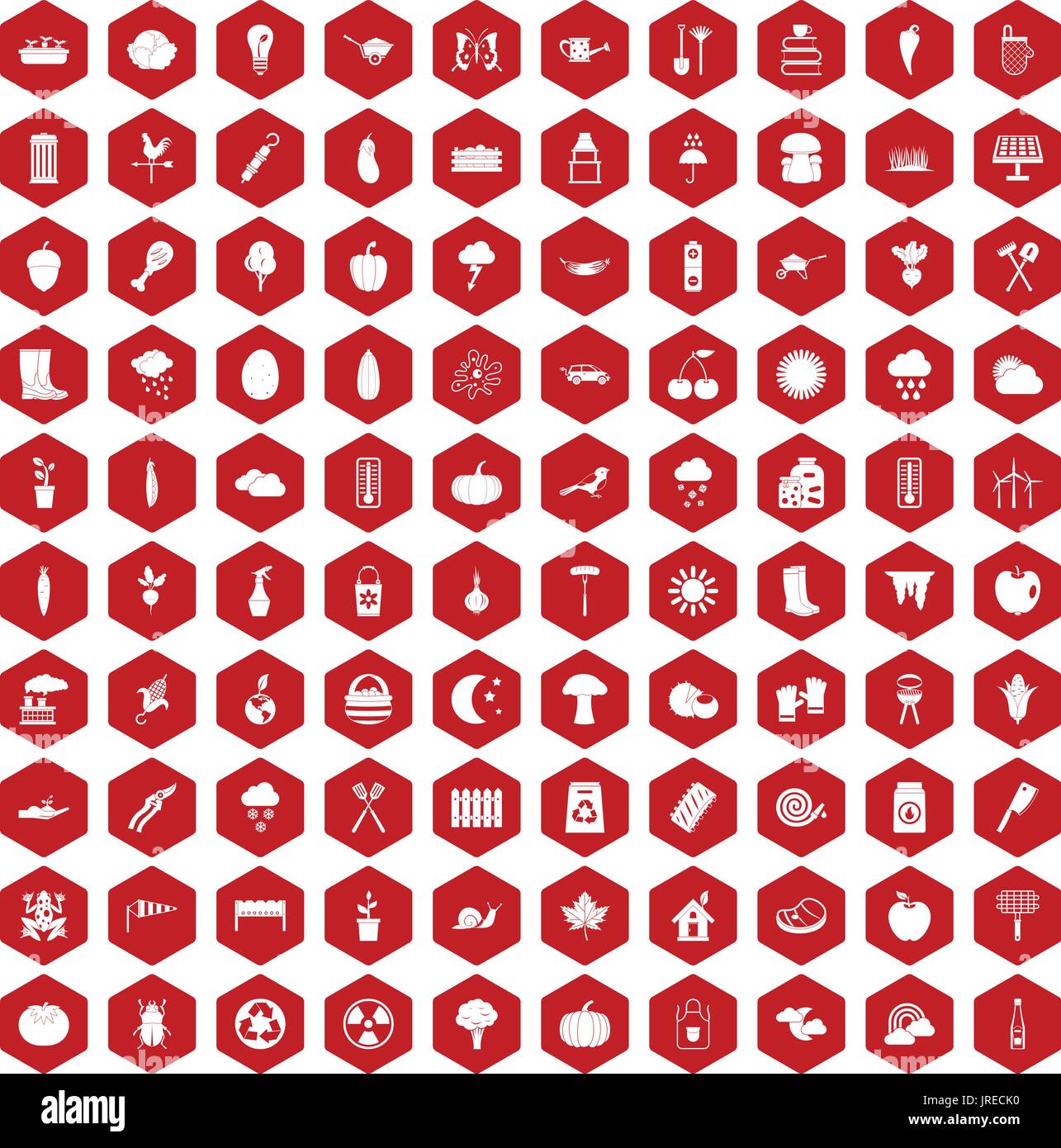 100 vegetables icons hexagon red Stock Vector