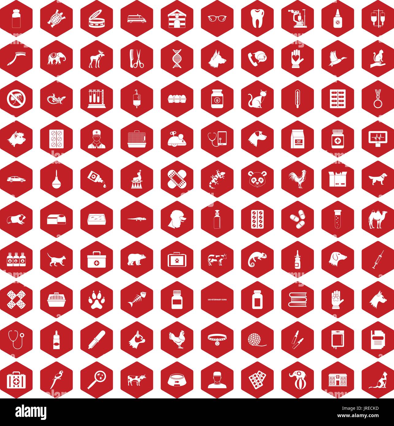 100 veterinary icons hexagon red Stock Vector