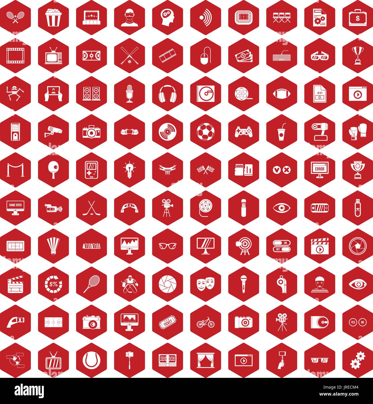 100 video icons hexagon red Stock Vector