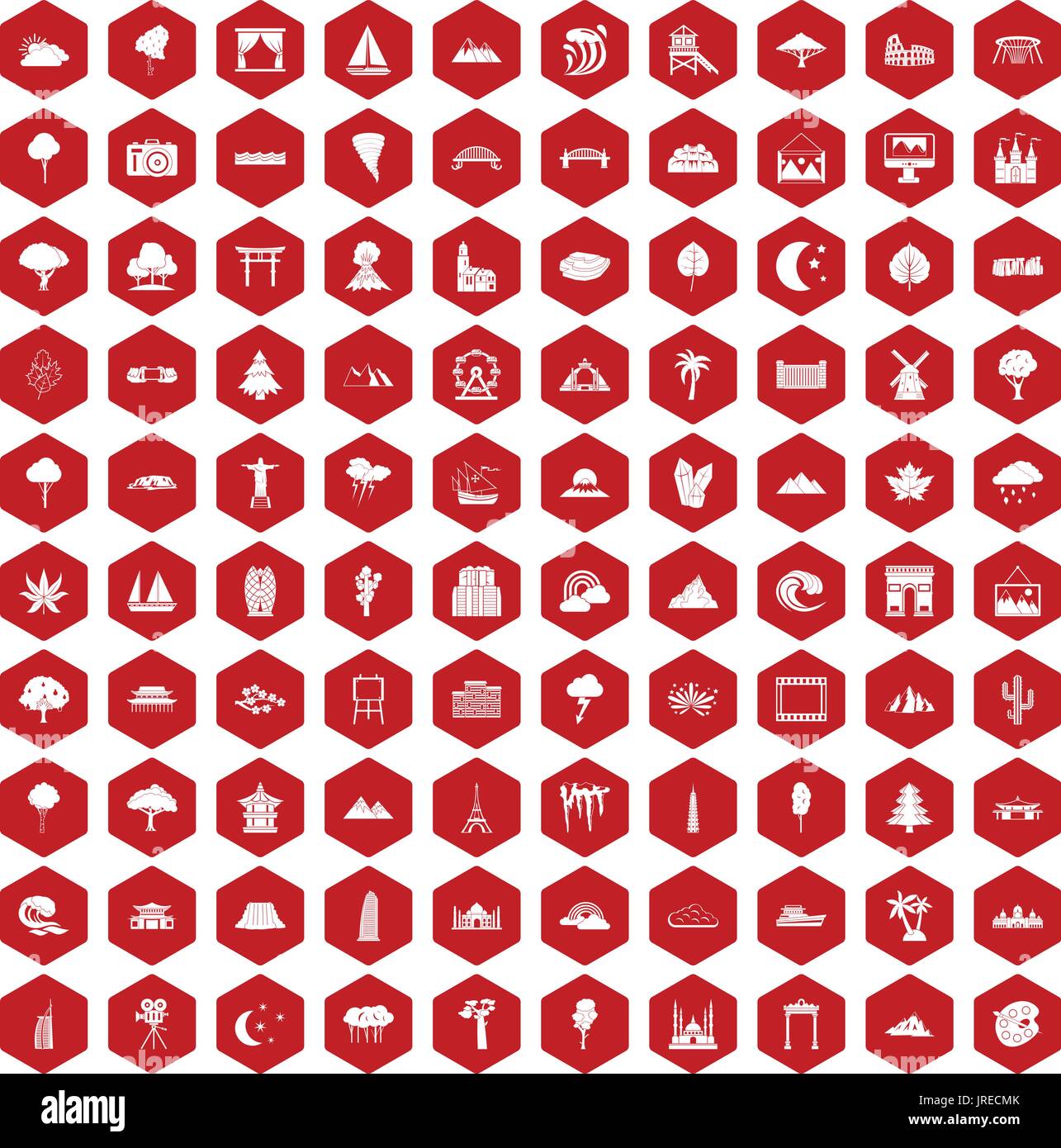 100 view icons hexagon red Stock Vector