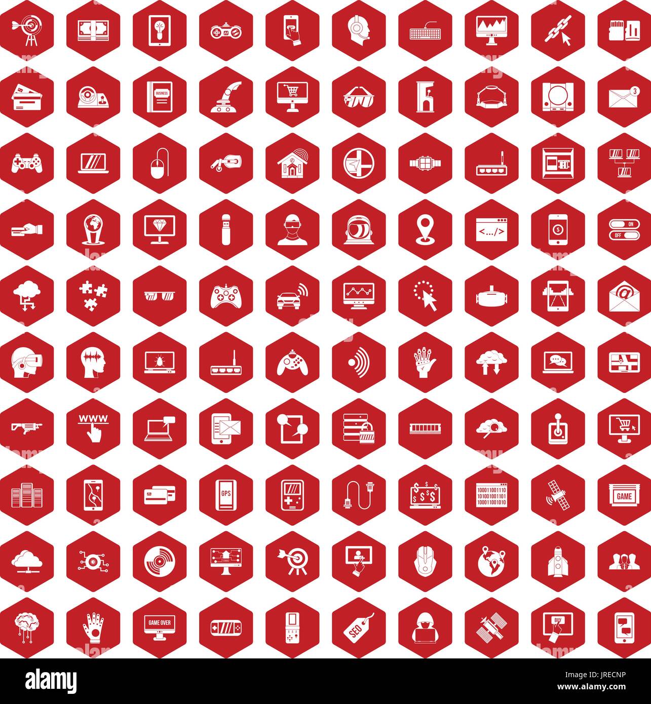 100 virtual icons hexagon red Stock Vector