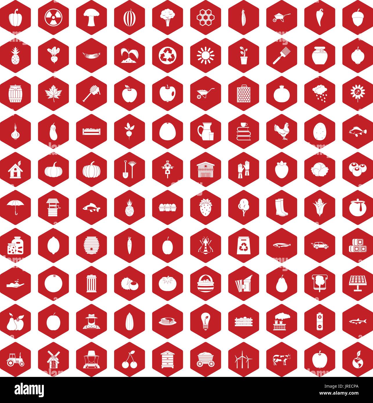 100 vitamins icons hexagon red Stock Vector