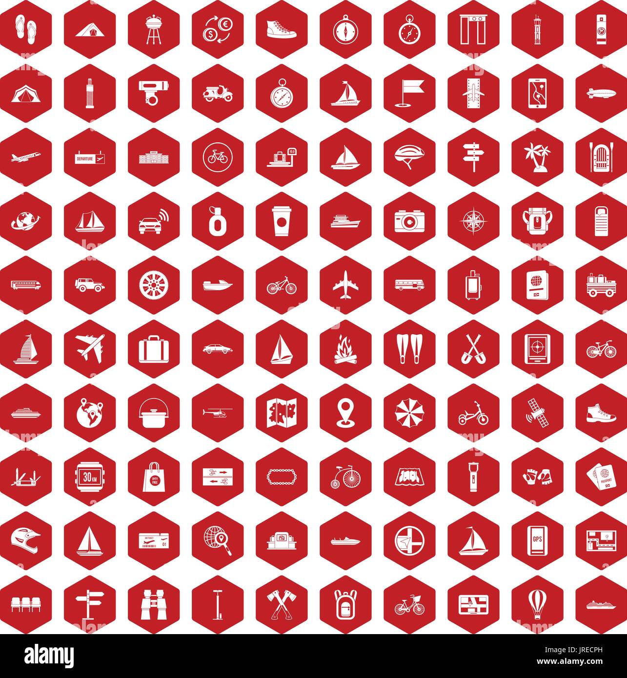 100 voyage icons hexagon red Stock Vector