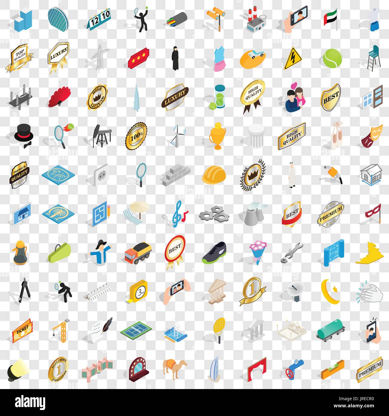 100 performance icons set, isometric 3d style Stock Vector
