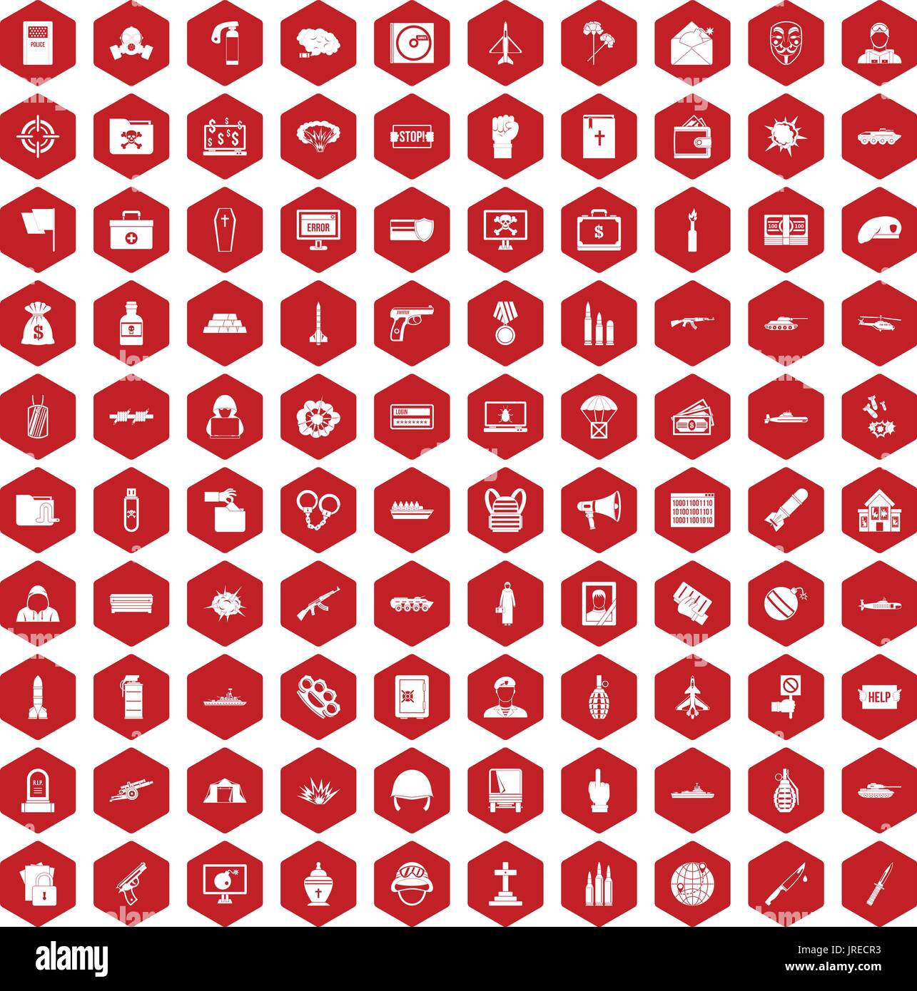 100 war icons hexagon red Stock Vector