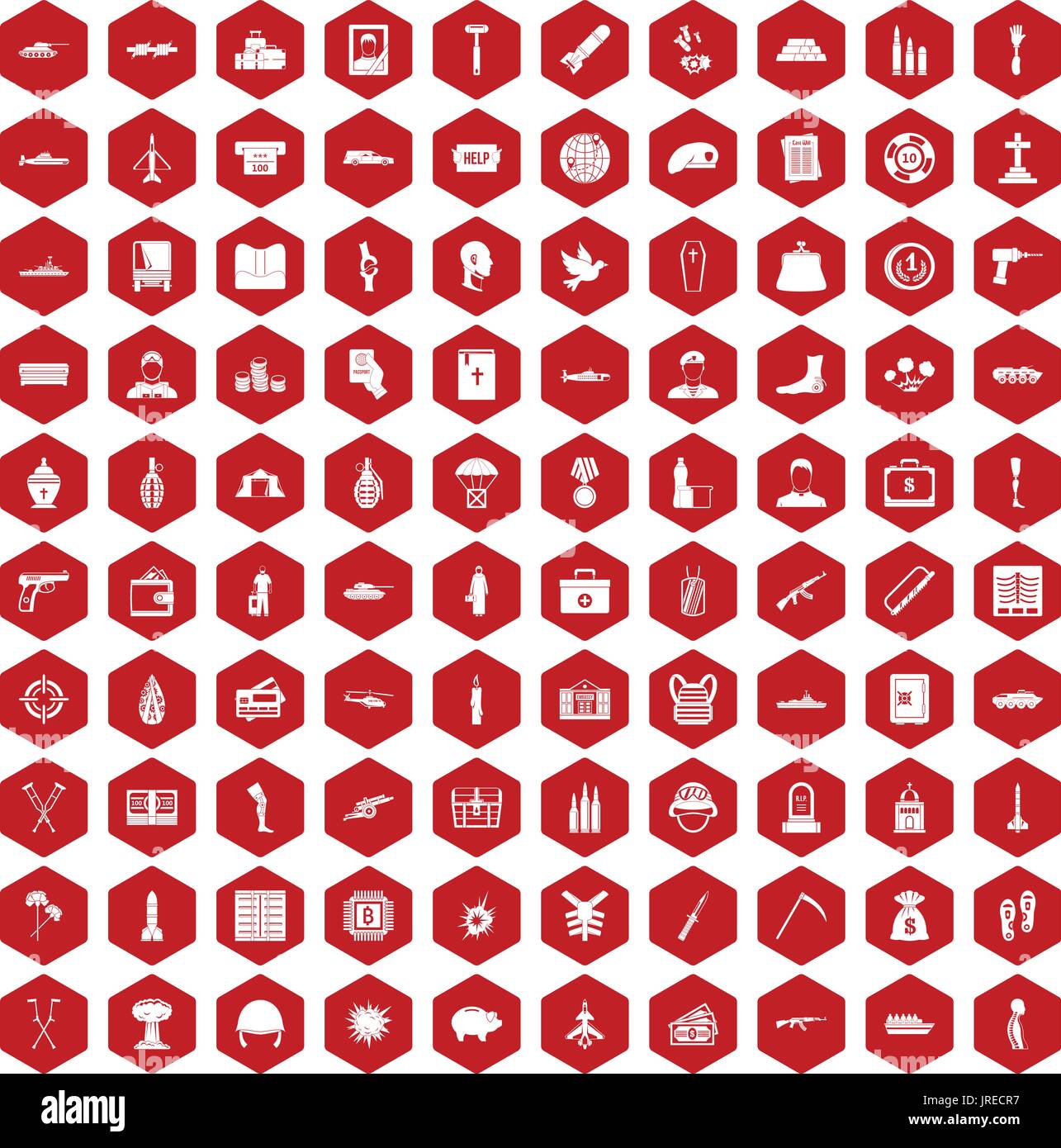 100 war crimes icons hexagon red Stock Vector