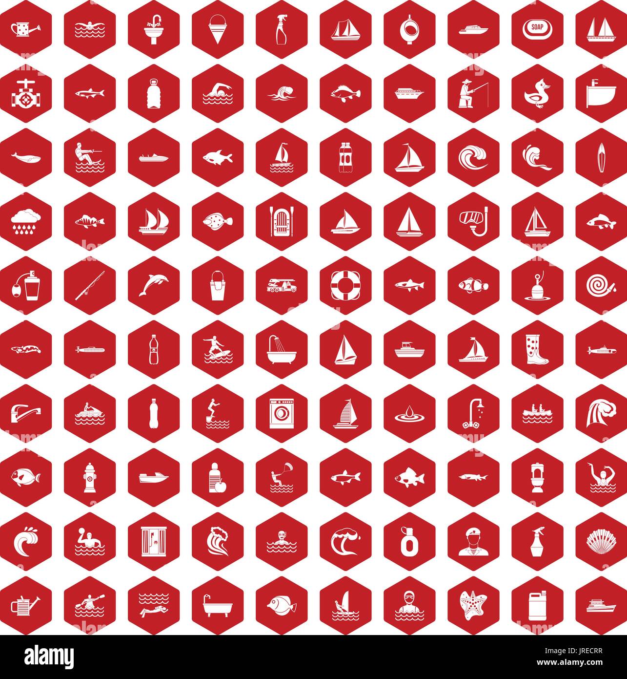 100 water icons hexagon red Stock Vector