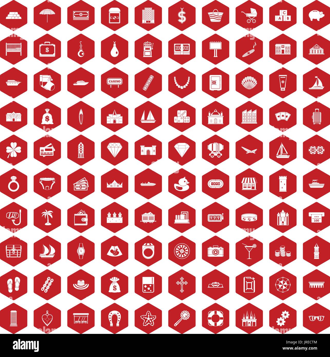 100 wealth icons hexagon red Stock Vector