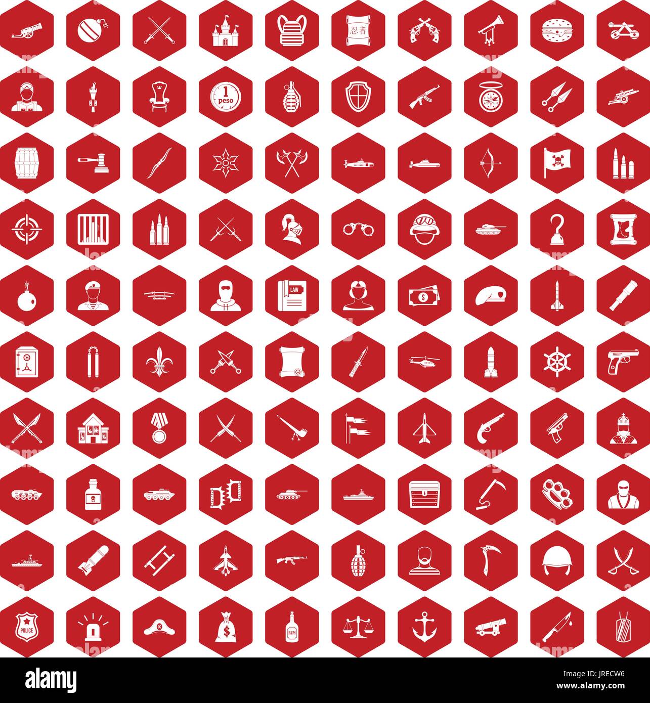 100 weapons icons hexagon red Stock Vector