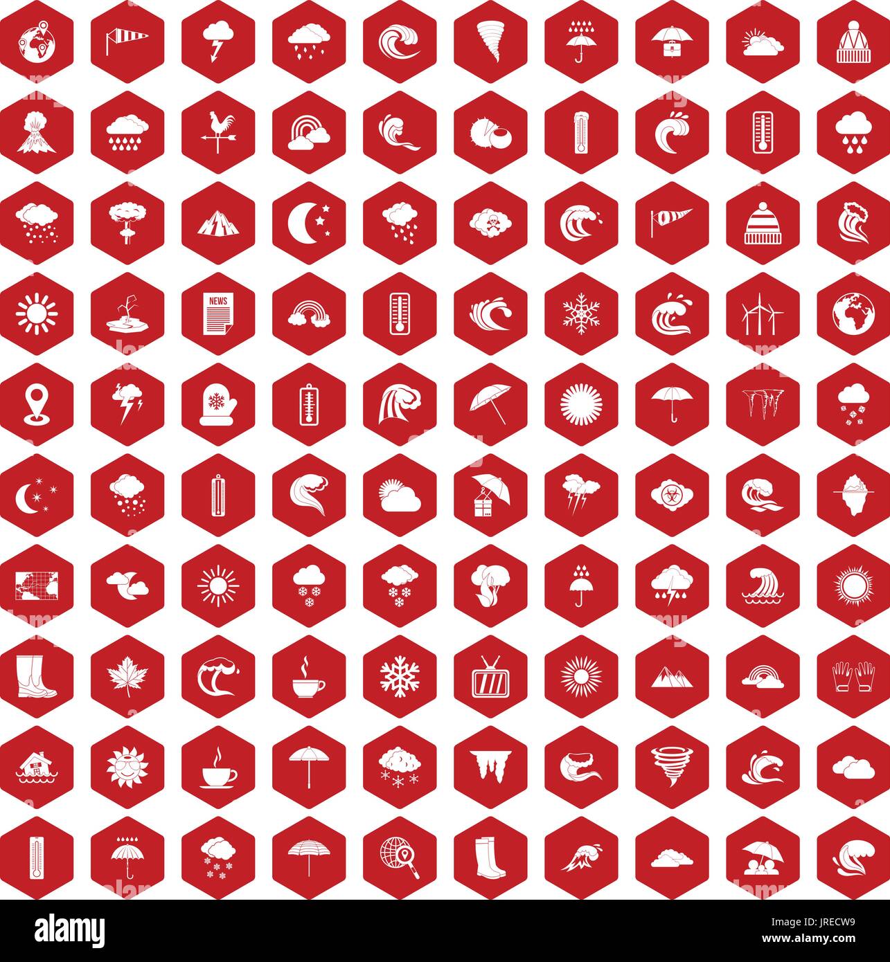100 weather icons hexagon red Stock Vector