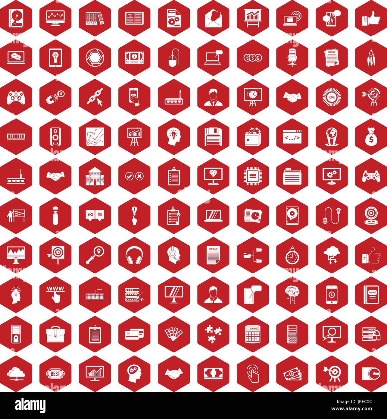 100 web development icons hexagon red Stock Vector