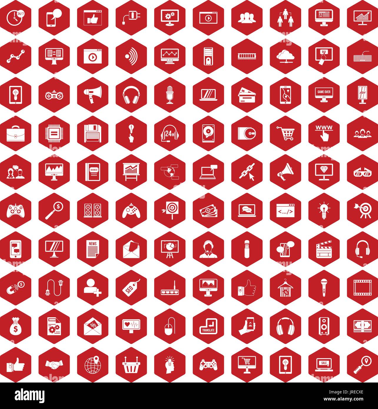 100 web and mobile icons hexagon red Stock Vector