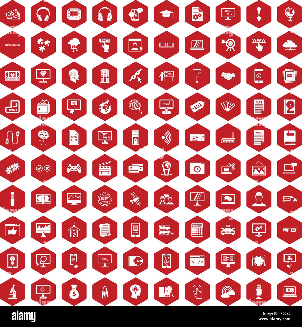 100 website icons hexagon red Stock Vector