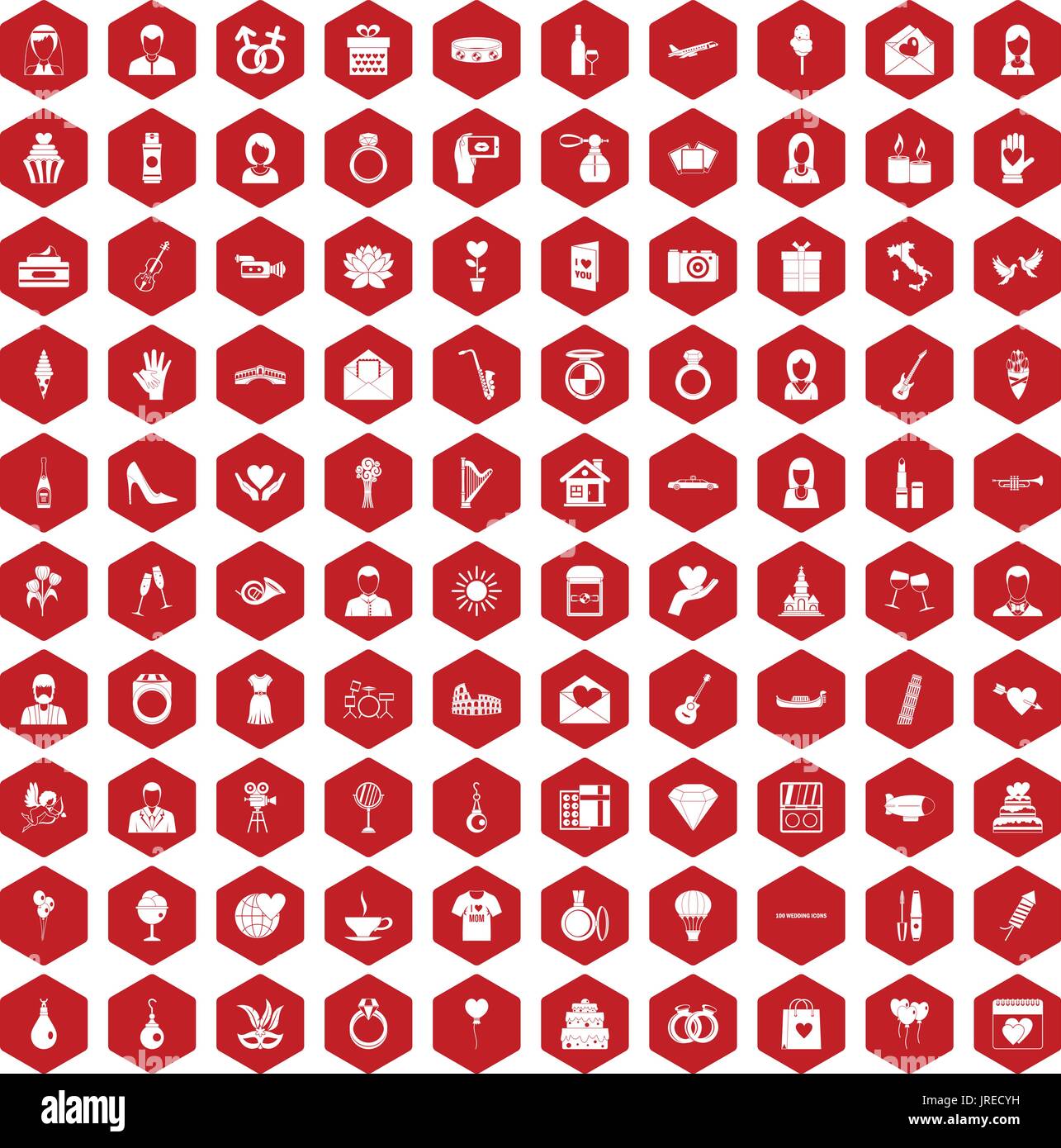 100 wedding icons hexagon red Stock Vector