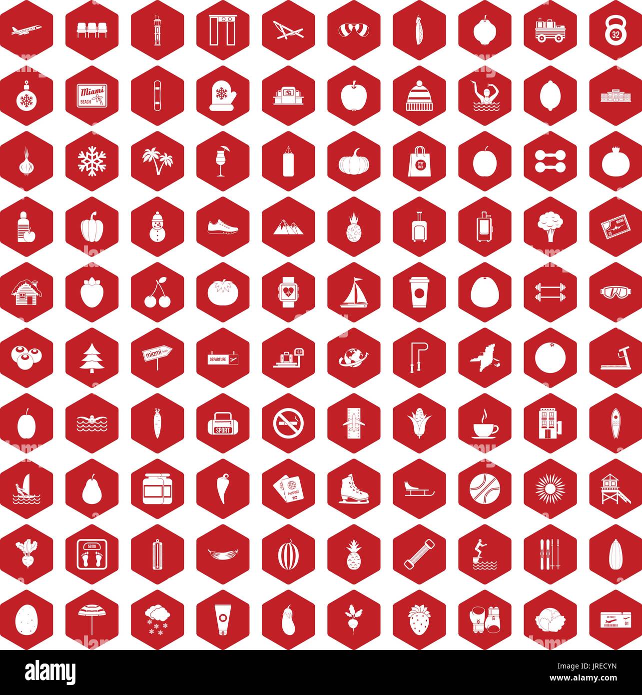 100 wellness icons hexagon red Stock Vector