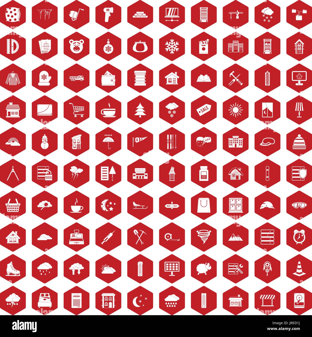 100 windows icons hexagon red Stock Vector