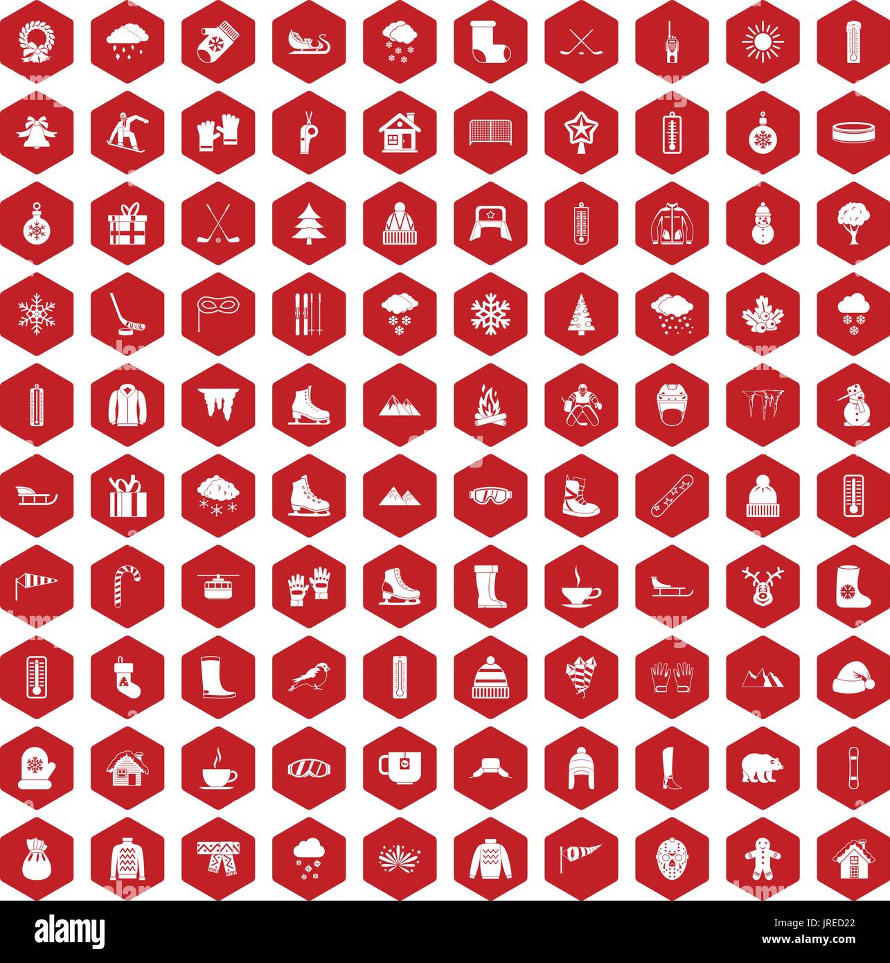 100 winter icons hexagon red Stock Vector