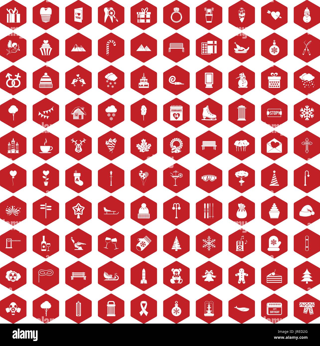 100 winter holidays icons hexagon red Stock Vector