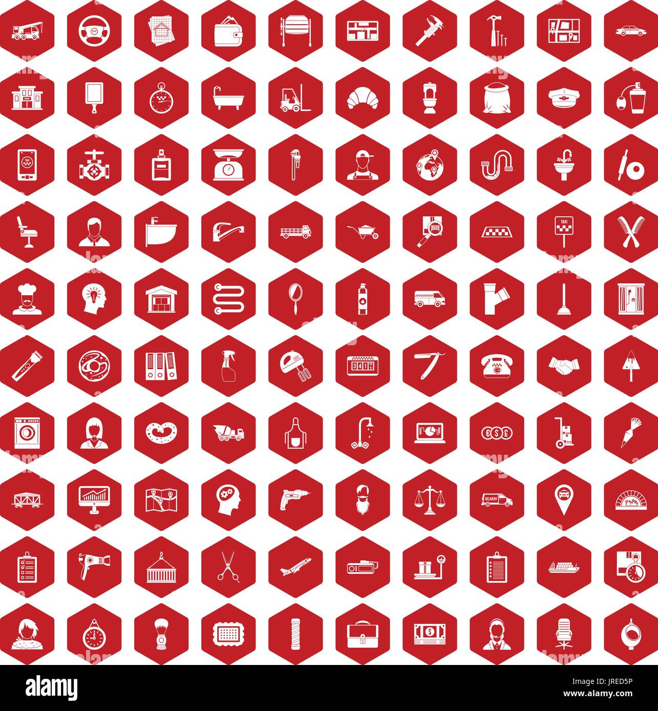 100 work icons hexagon red Stock Vector