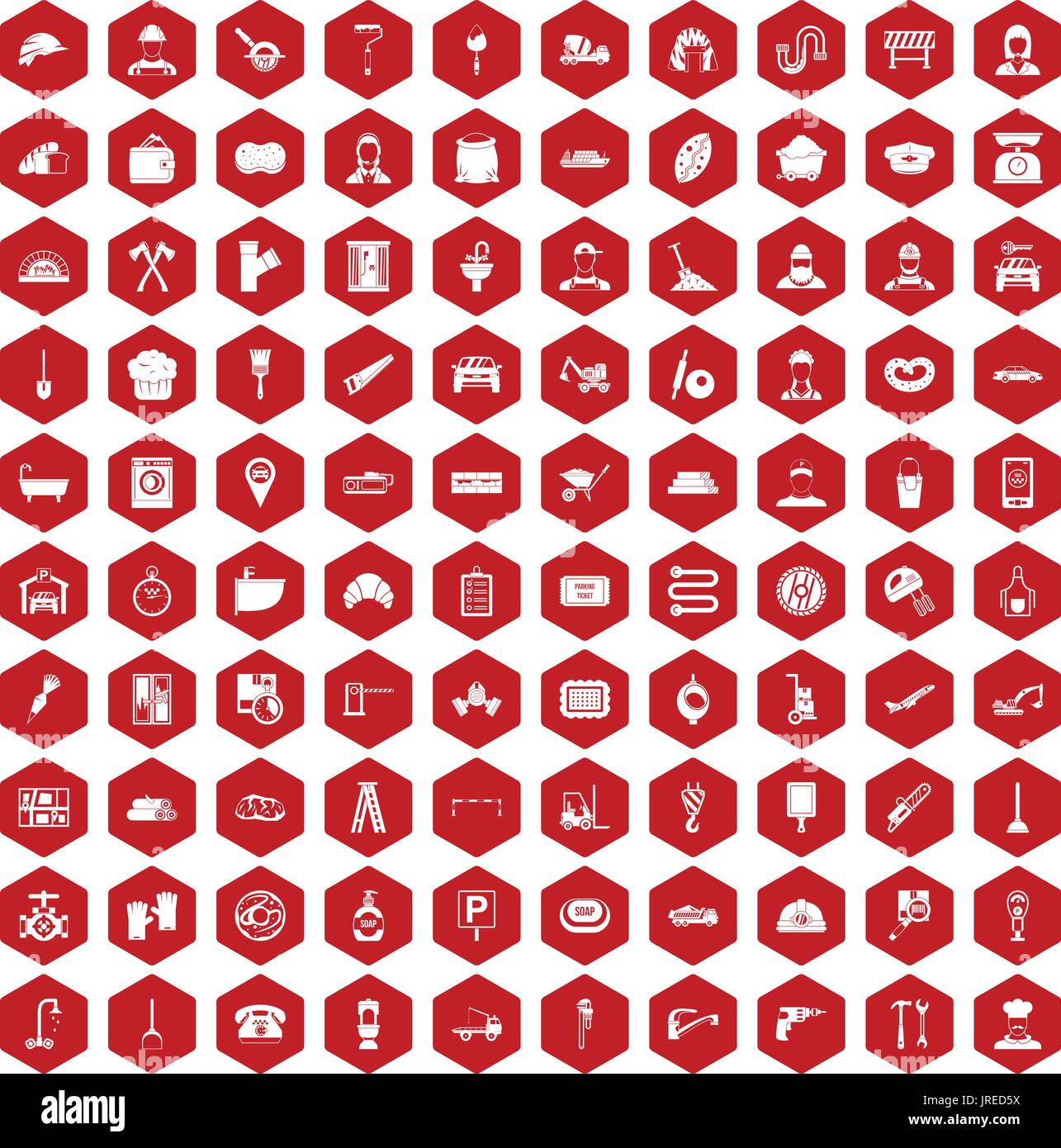 100 working professions icons hexagon red Stock Vector