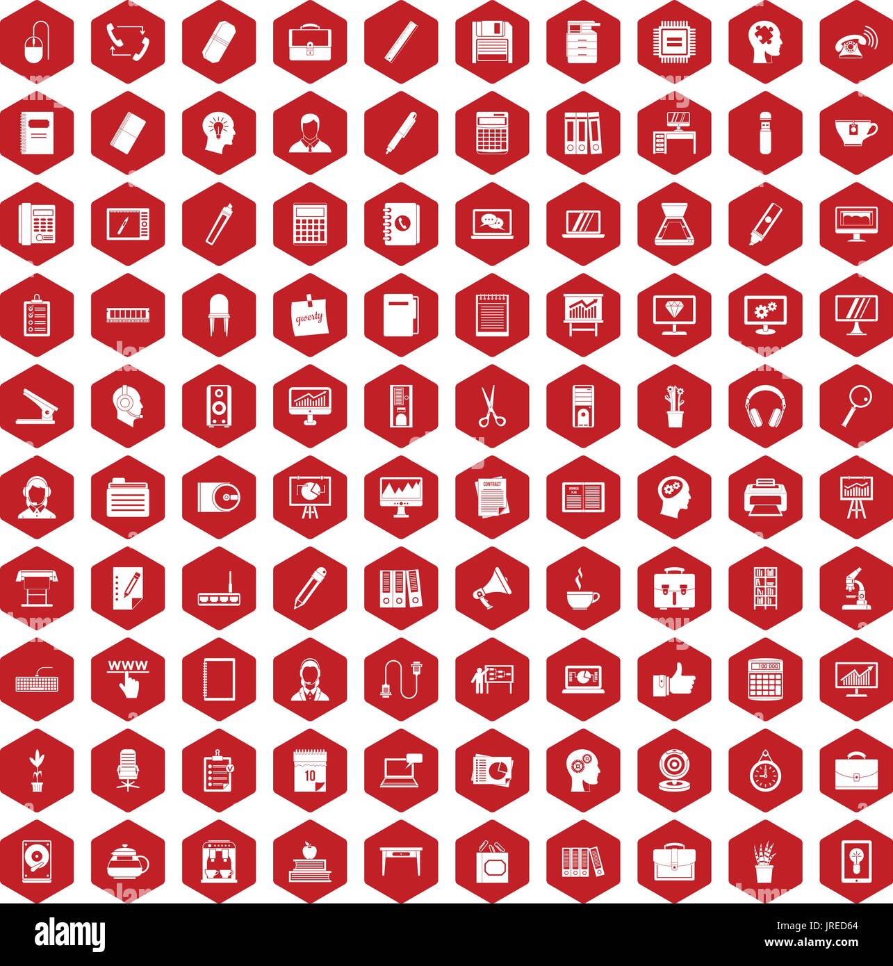 100 work space icons hexagon red Stock Vector